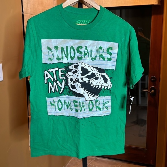 RB Rudeboyz 100% Cotton Kelly Green Dinosaurs Ate My Homework Tee Size XL - Picture 1 of 6